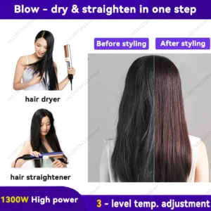 Profesjonalna prostownica do włosów 2 w 1 i suszarka do włosów, prostownica z funkcją podgrzewania, jonizacja ujemna, trwałe stylizowanie.